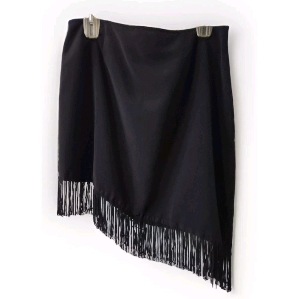 Boutique Europa Asymmetrical Fringed Skirt Women's Size 16 Black Mini Zip